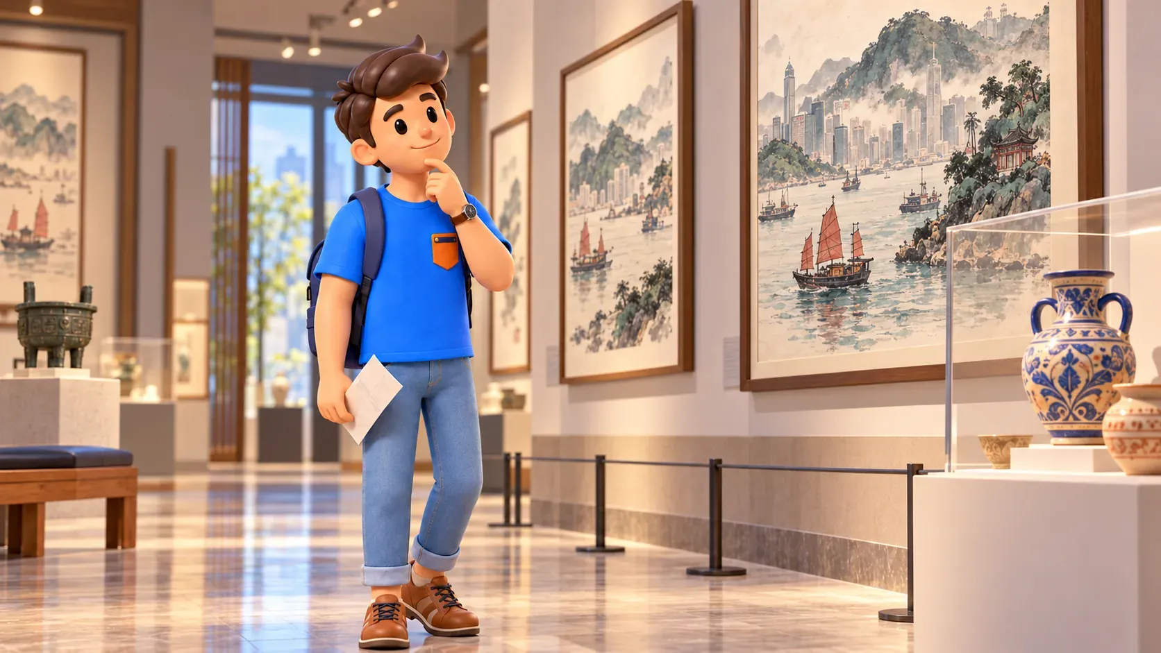 Traveller looking at Chinese landscape paintings and ceramics in a gallery