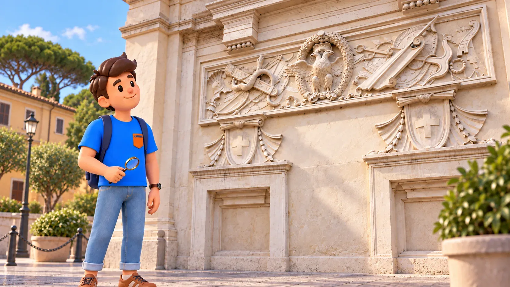 Un viajero con lupa observa la decoración de la plaza de los Caballeros de Malta