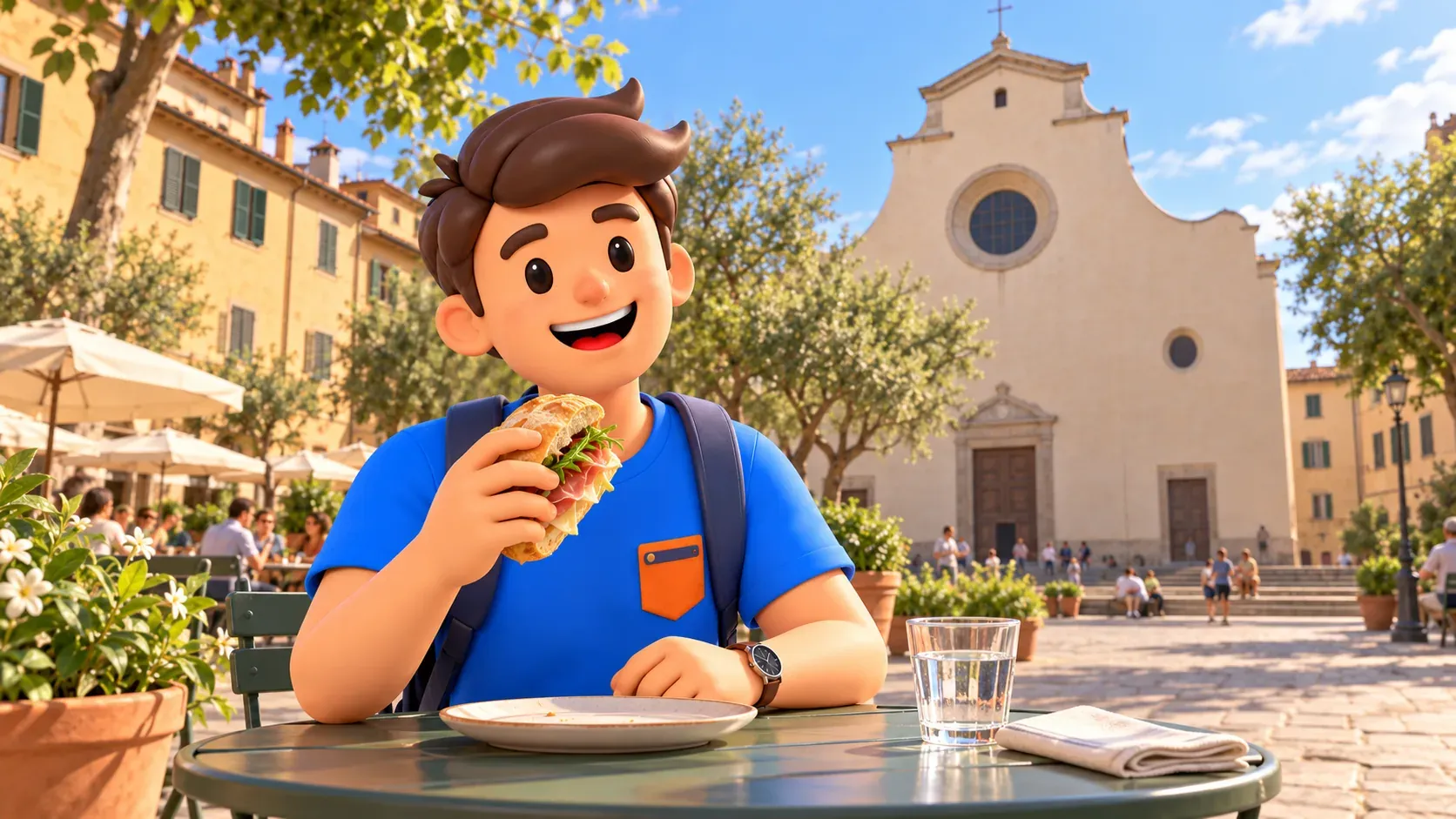 Reisender isst ein Panino an der Piazza Santo Spirito
