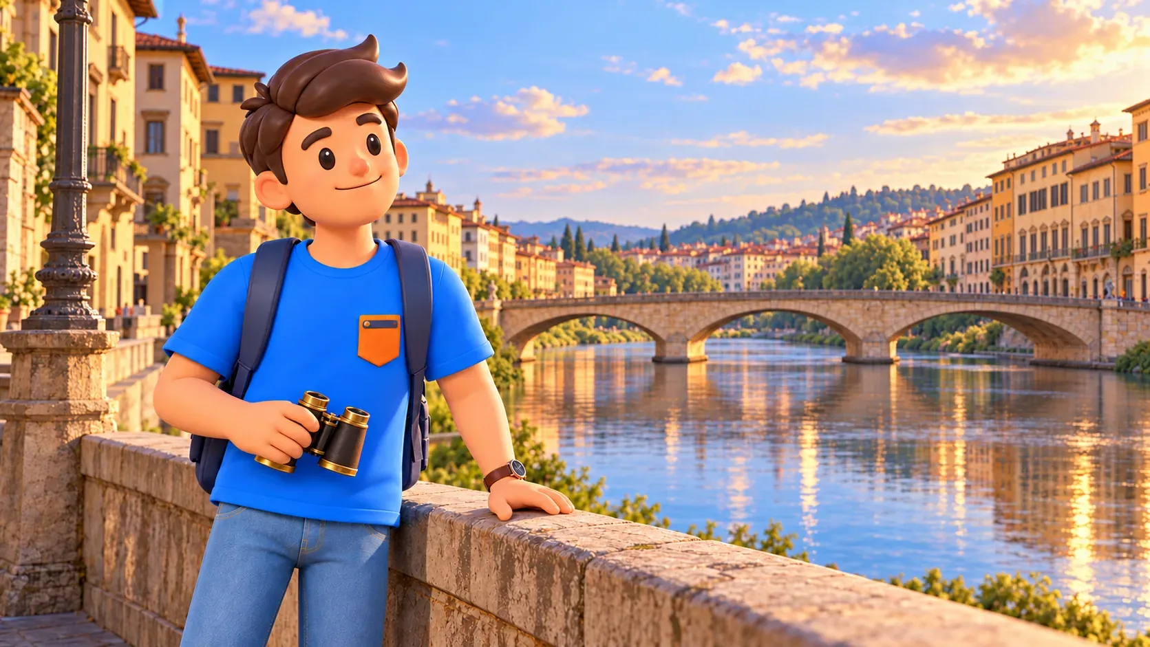 Reisender mit Fernglas am Arno vor der Ponte Santa Trinita