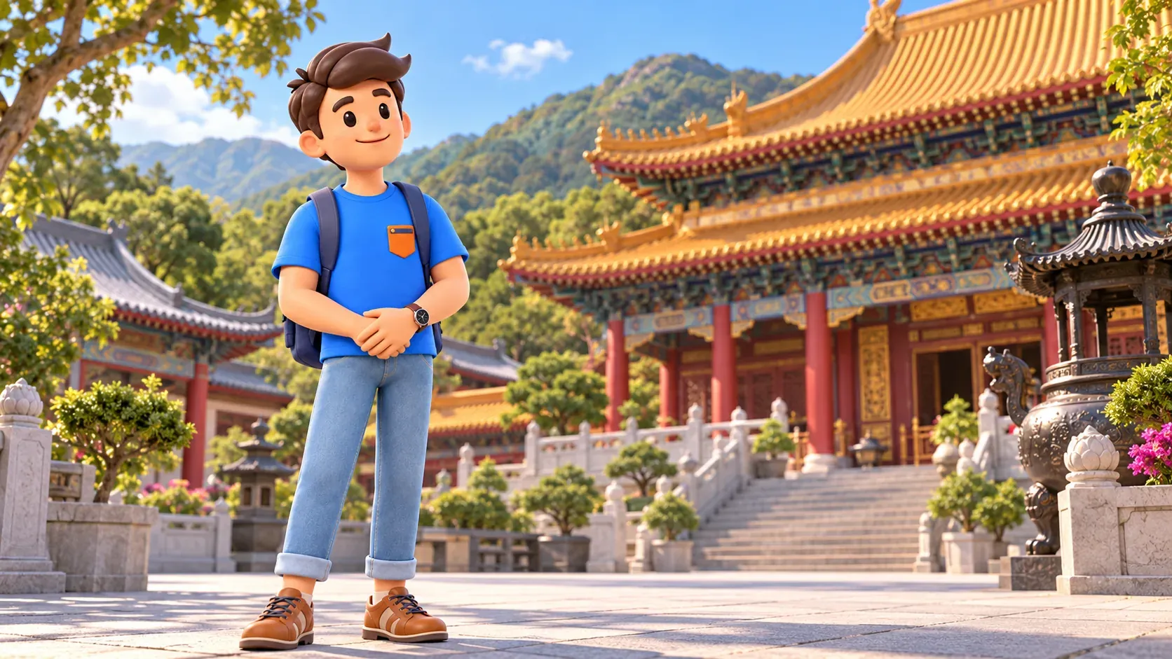 Viajero en un patio monástico ilustrado de Lantau