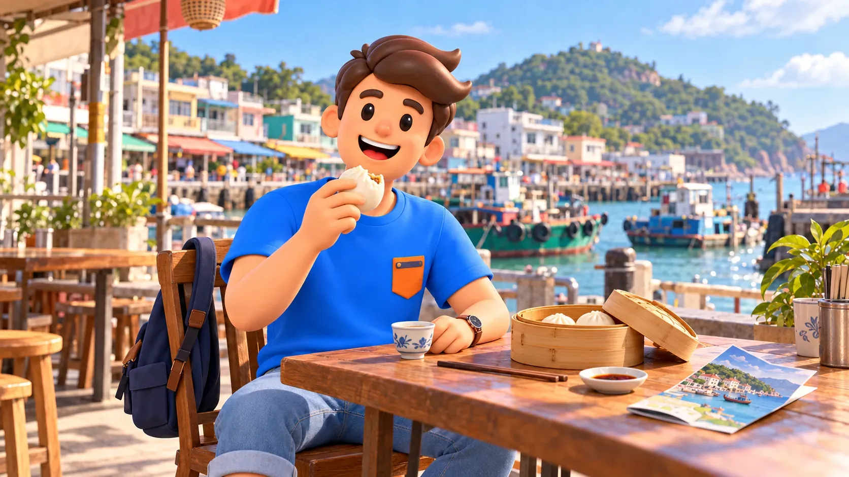 Viajero descansando con un bollo y té junto a un puerto insular