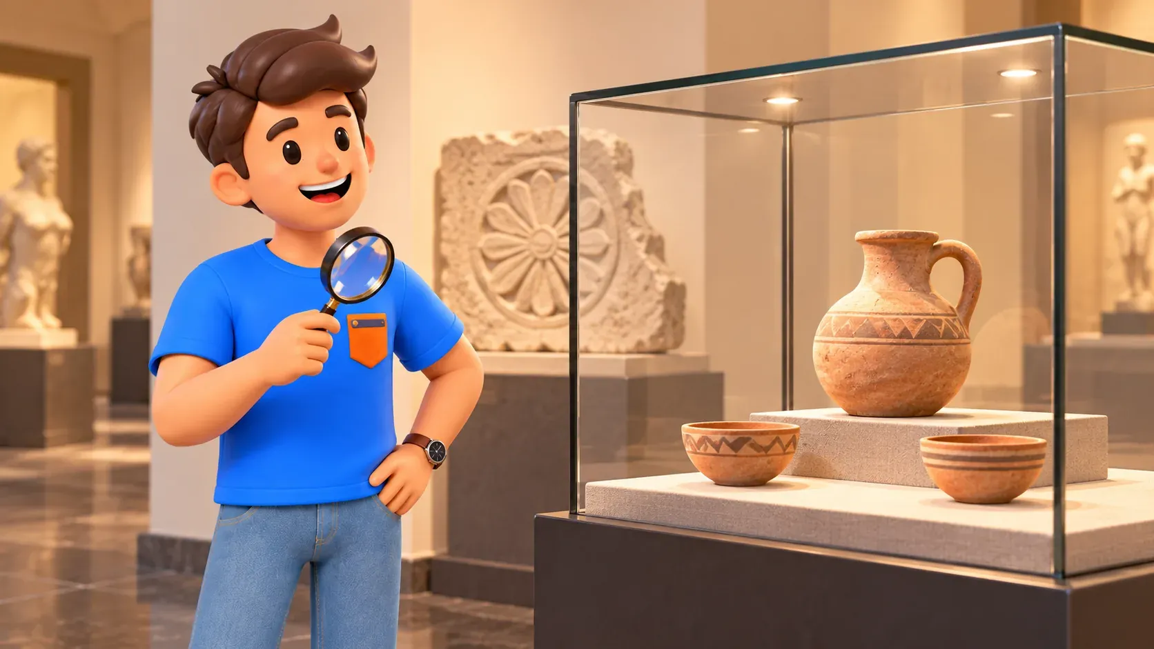 El personaje de RoadMe observa una vitrina ilustrativa de cerámica antigua