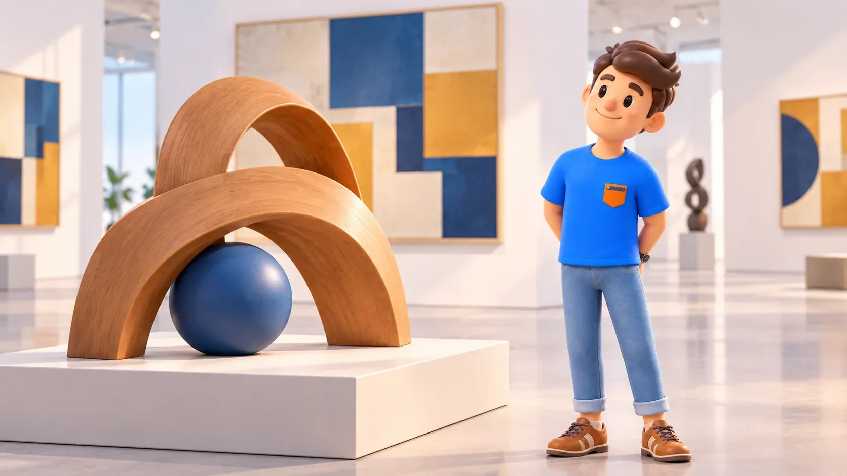 El personaje de RoadMe observa una escultura contemporánea ilustrativa