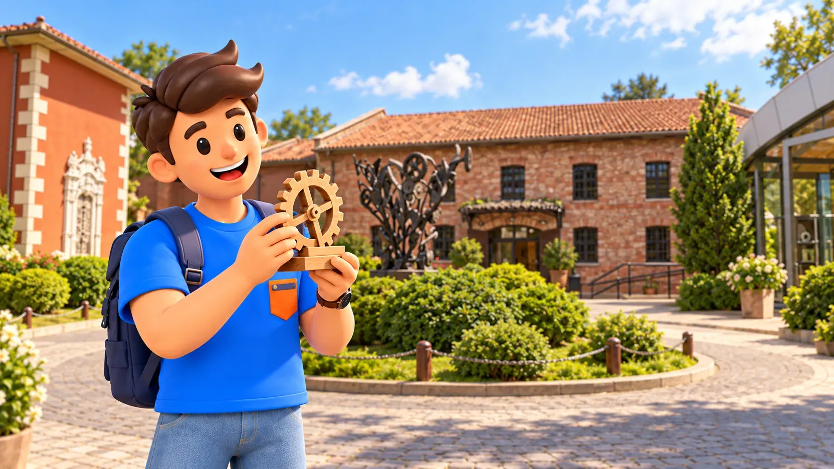 El personaje de RoadMe con su propia maqueta de engranaje ante el Museo Rahmi Koç