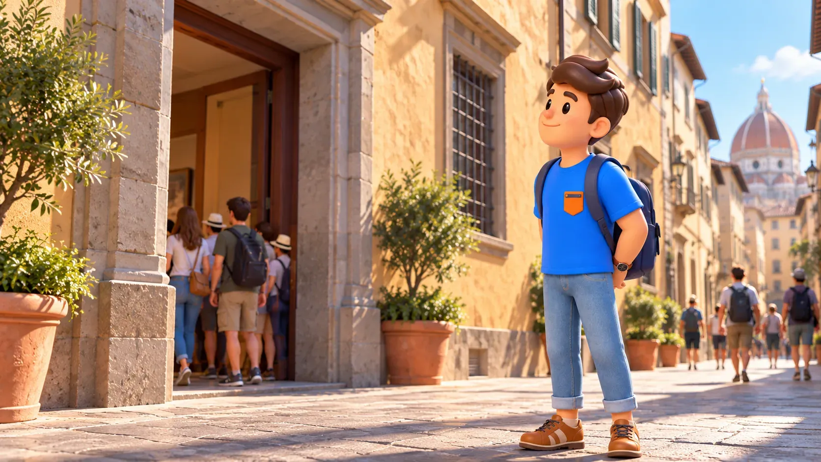 Traveler outside a museum entrance on a historic Florence street