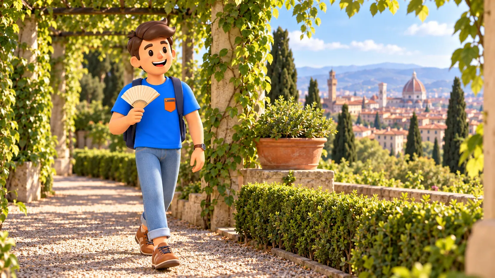 Traveler with a fan walking under a leafy pergola overlooking Florence