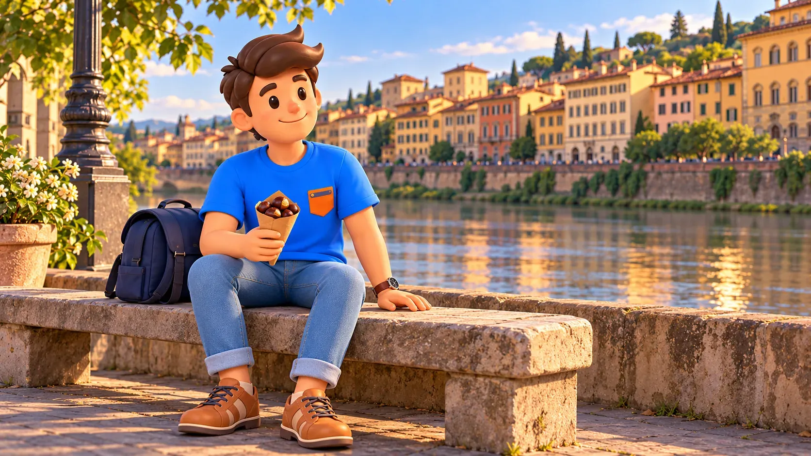 Traveler resting with chestnuts on a bench beside the Arno