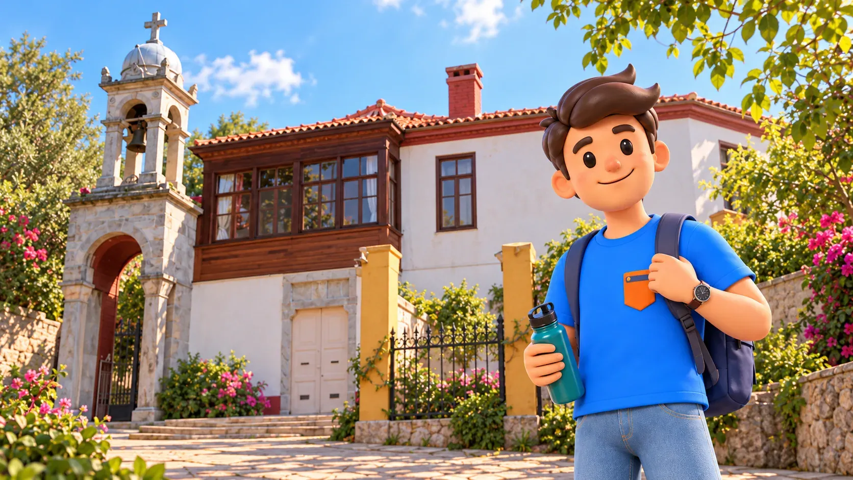 Le personnage RoadMe après la montée devant Aya Yorgi à Büyükada