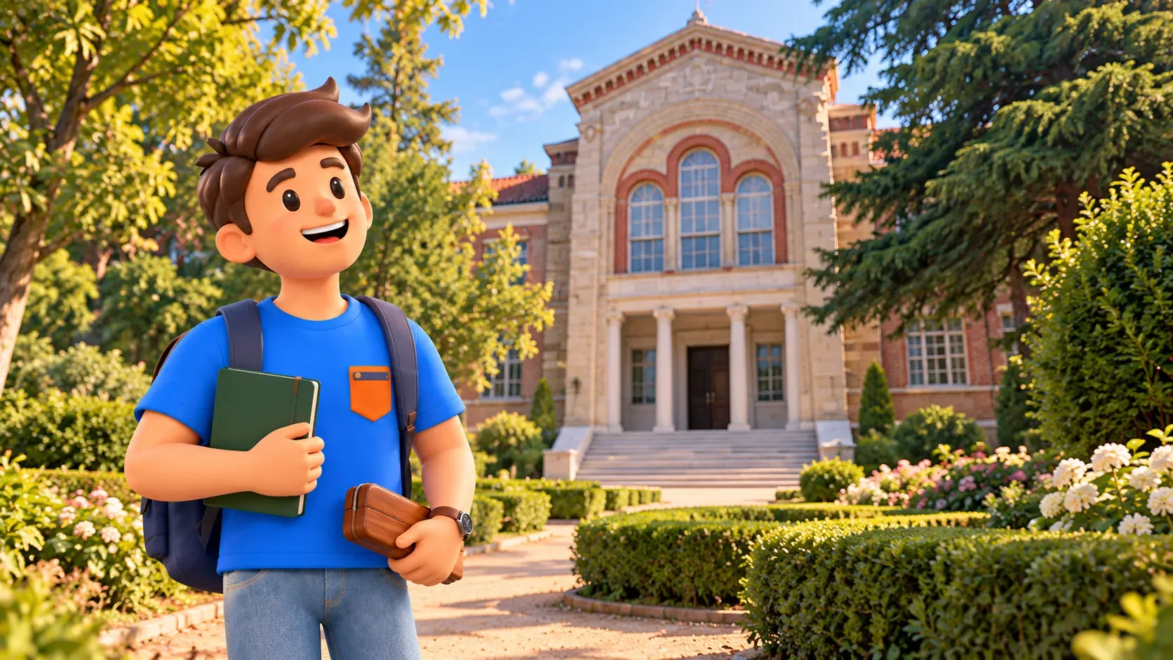 Le personnage RoadMe devant le bâtiment de l’école théologique de Halki