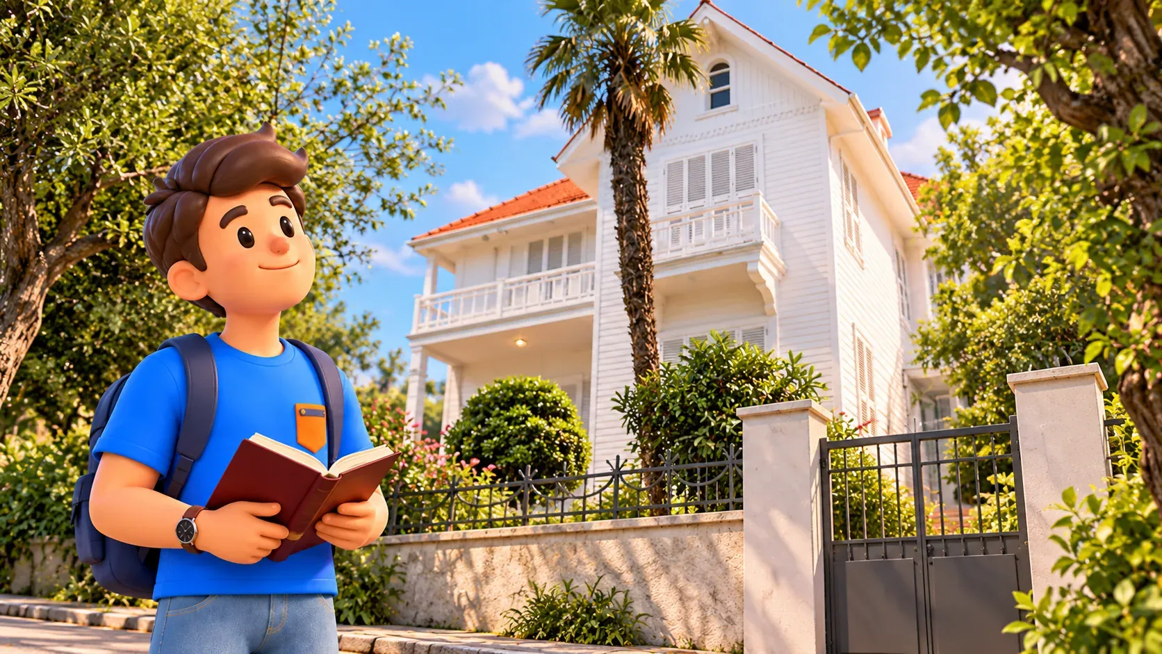 Le personnage RoadMe avec un livre devant la maison-musée de Sait Faik à Burgazada