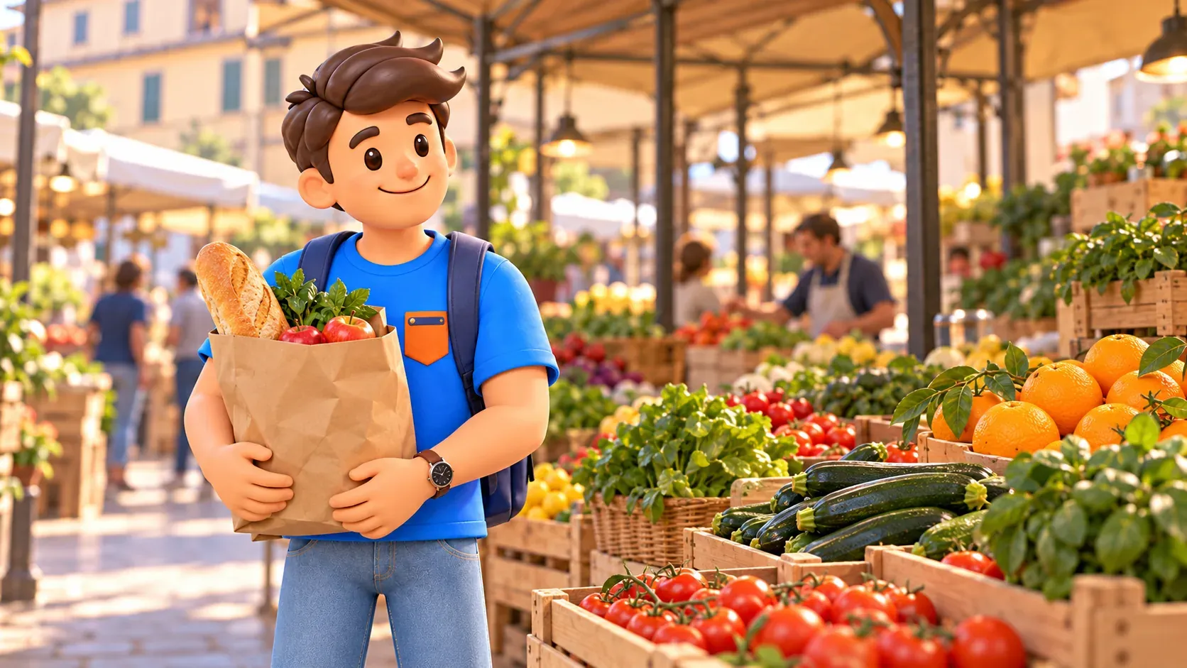 Voyageur avec du pain et des pommes près d’un étal de marché