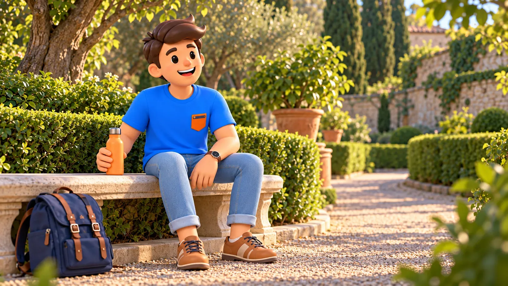 Voyageur se reposant avec une gourde dans un jardin italien