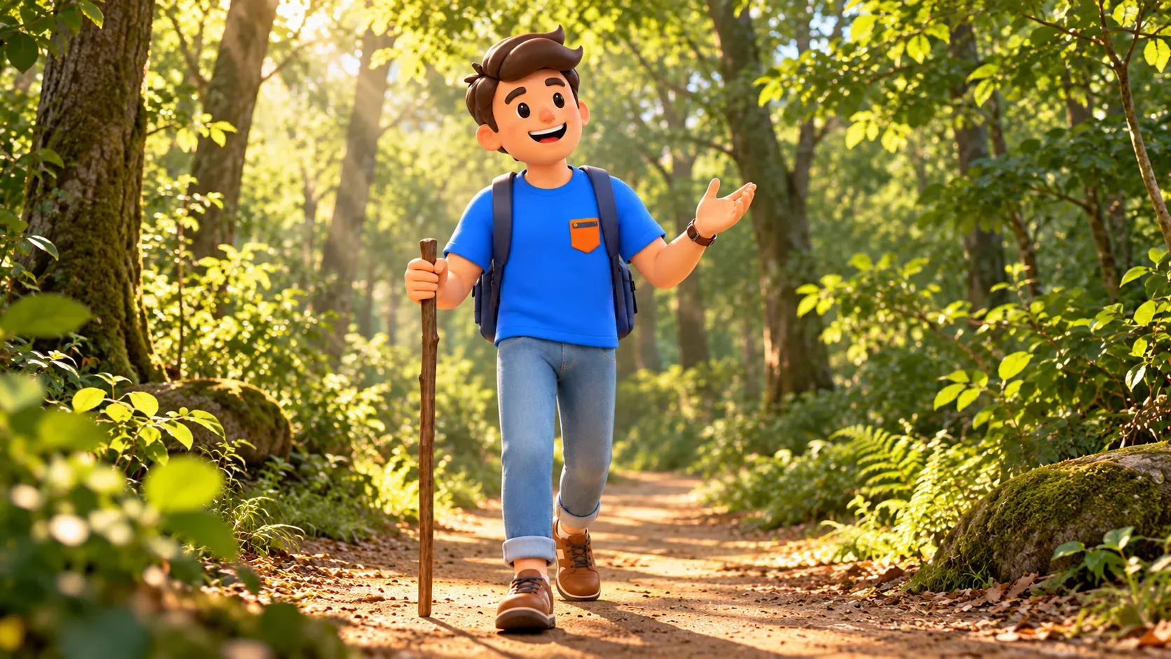 Traveller with a wooden walking stick on a woodland path