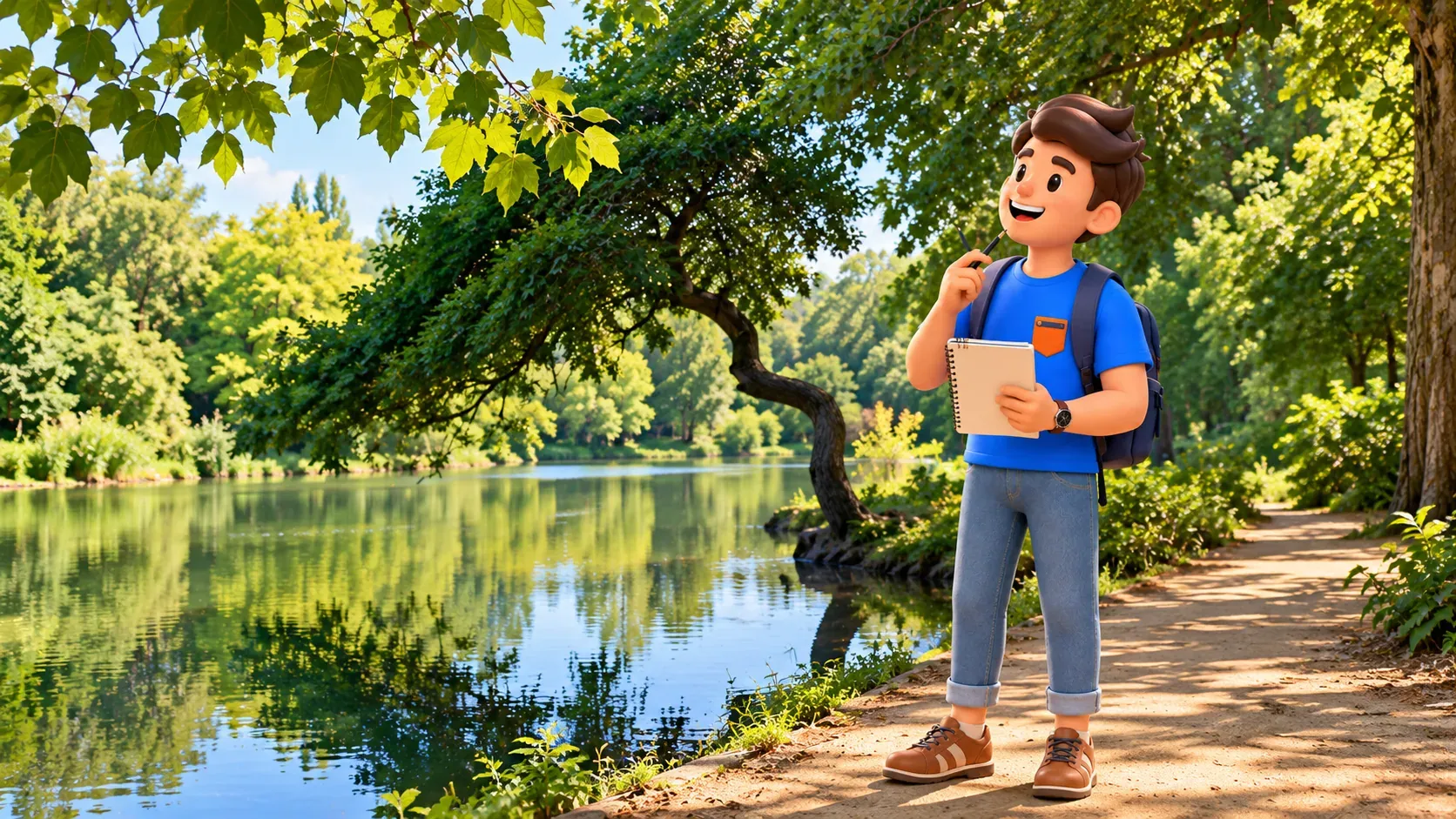 Traveller observing trees beside an arboretum pond