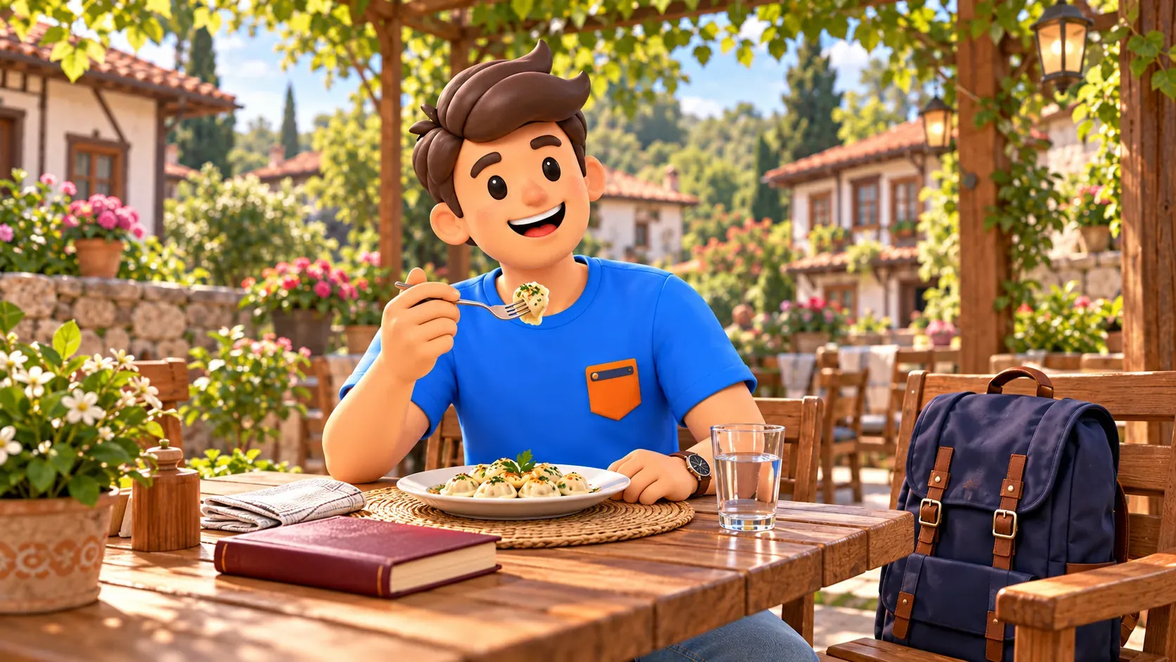Traveller eating in an illustrative village garden café