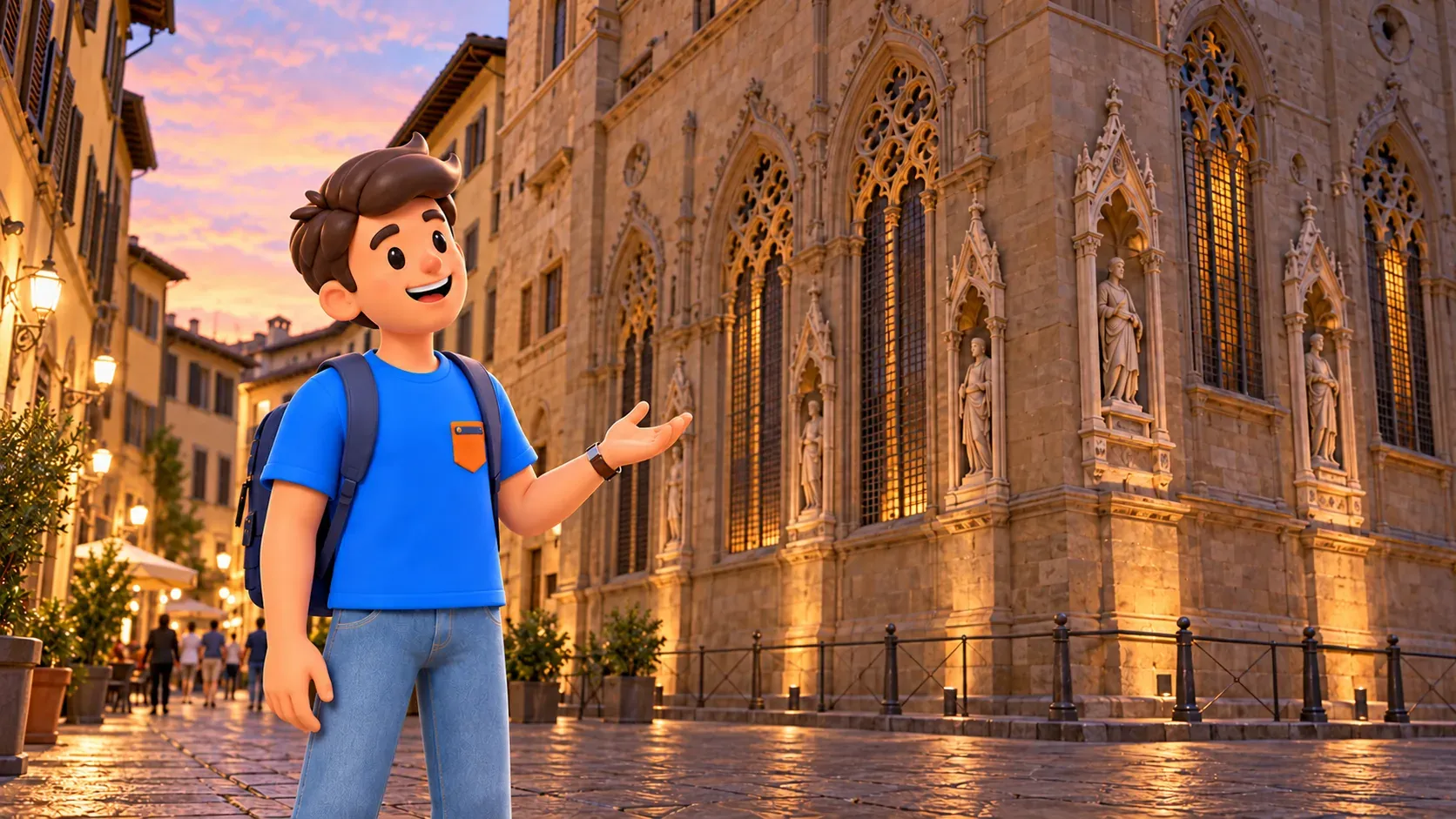 Traveler looking at a Gothic facade on an evening Florence street