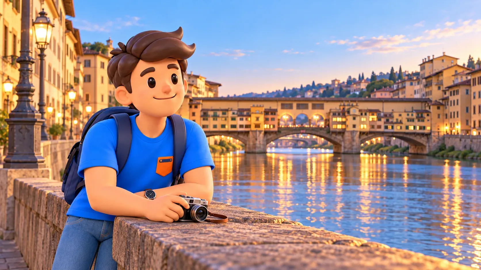 Traveler with a camera beside the Arno and Ponte Vecchio at dusk