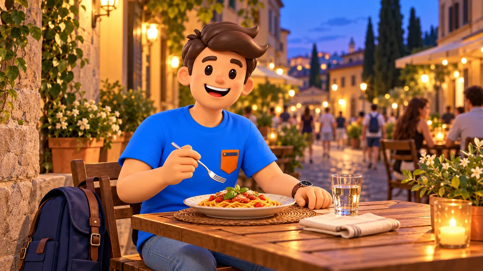 Traveler having pasta at a table on an evening street