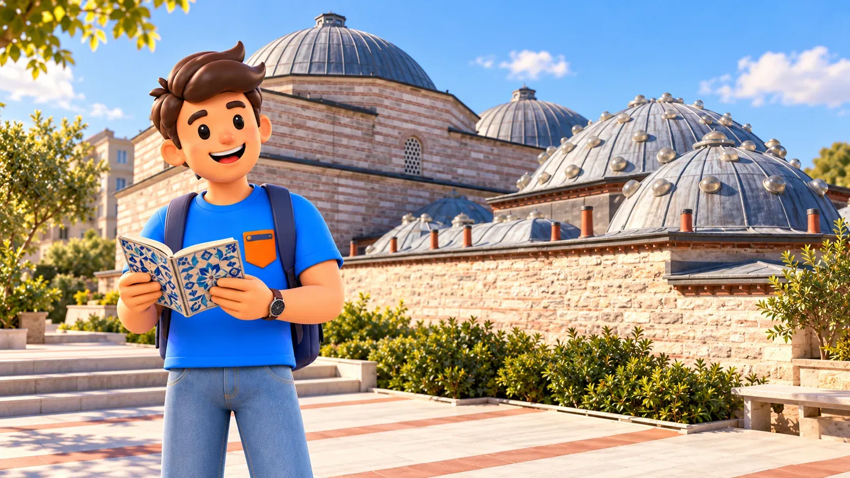 Viajero con libro de patrones frente a Zeyrek Çinili Hamam