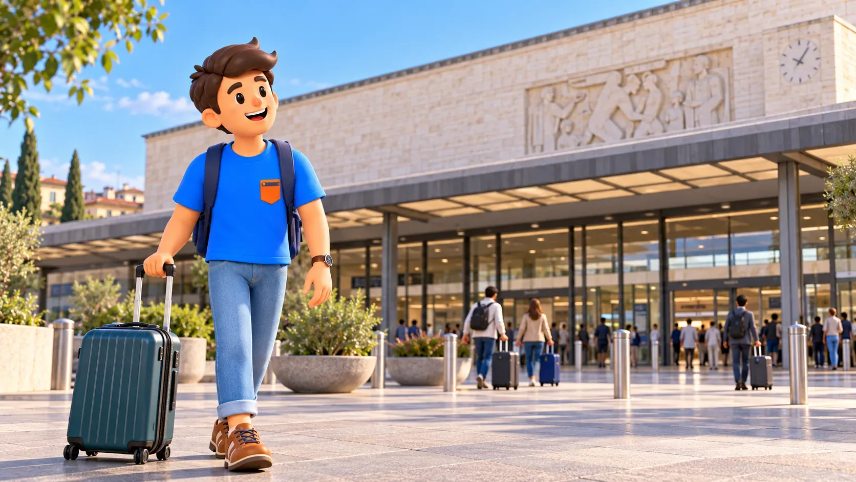 Voyageur avec une valise devant un bâtiment de gare moderne