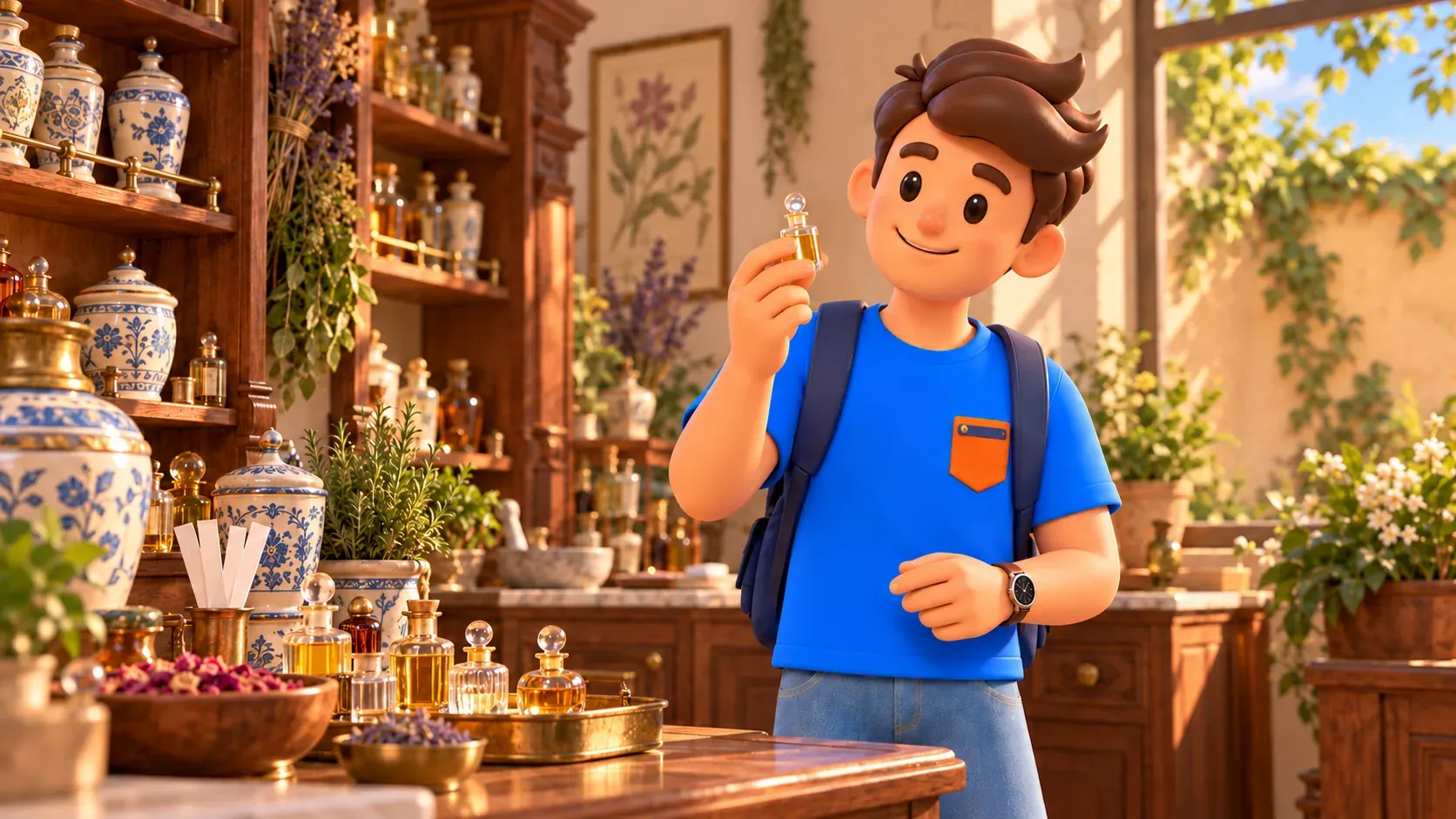 Voyageur observant un flacon dans un intérieur inspiré d’une pharmacie historique