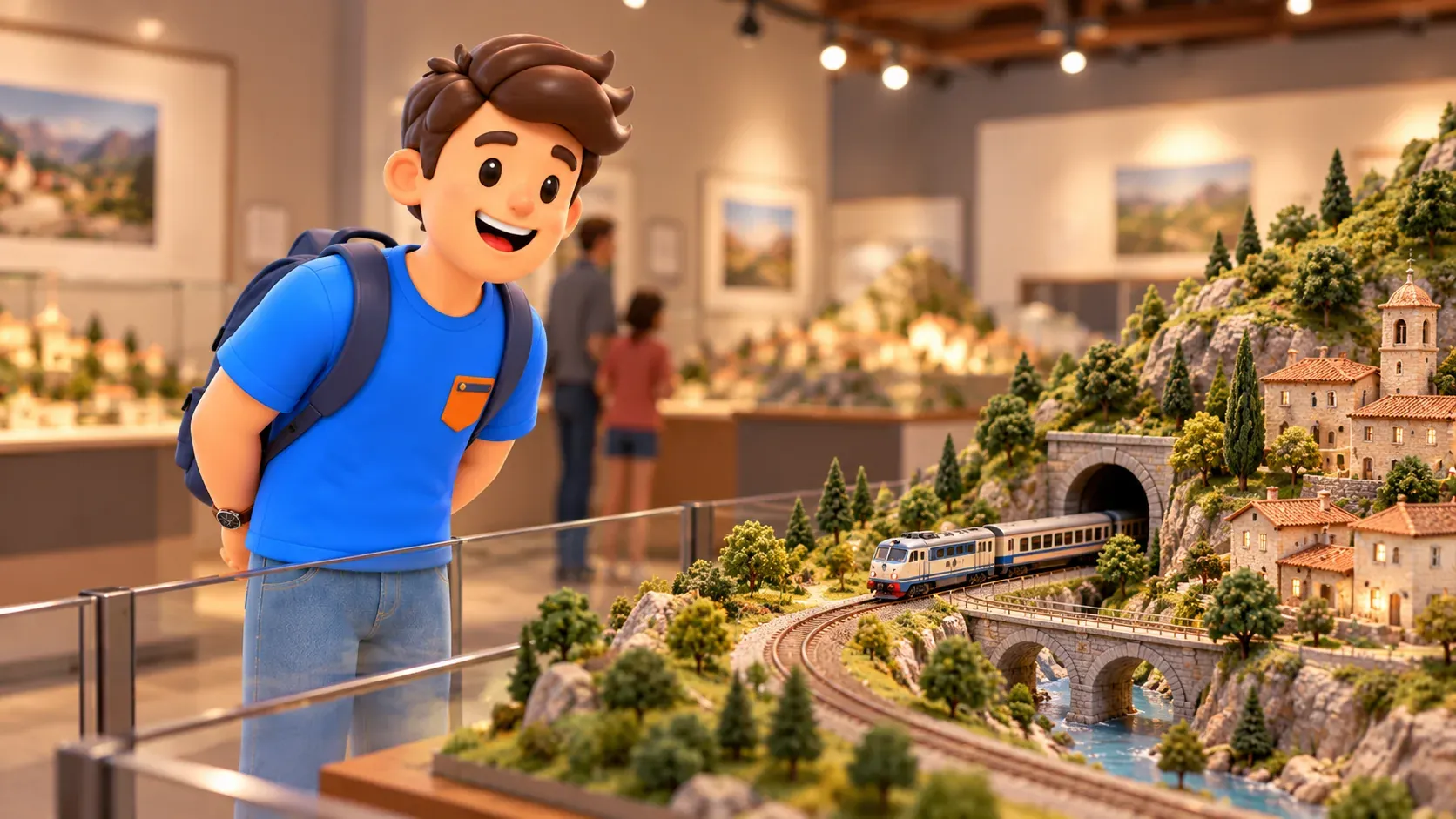 Voyageur observant un réseau ferroviaire miniature derrière une barrière