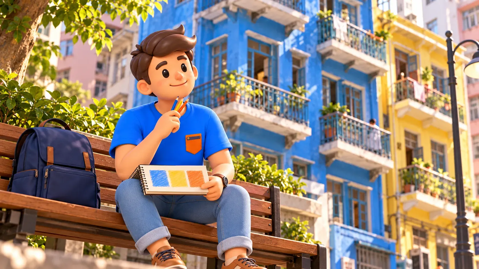 Voyageur comparant les couleurs bleue, jaune et orange des maisons avec des crayons