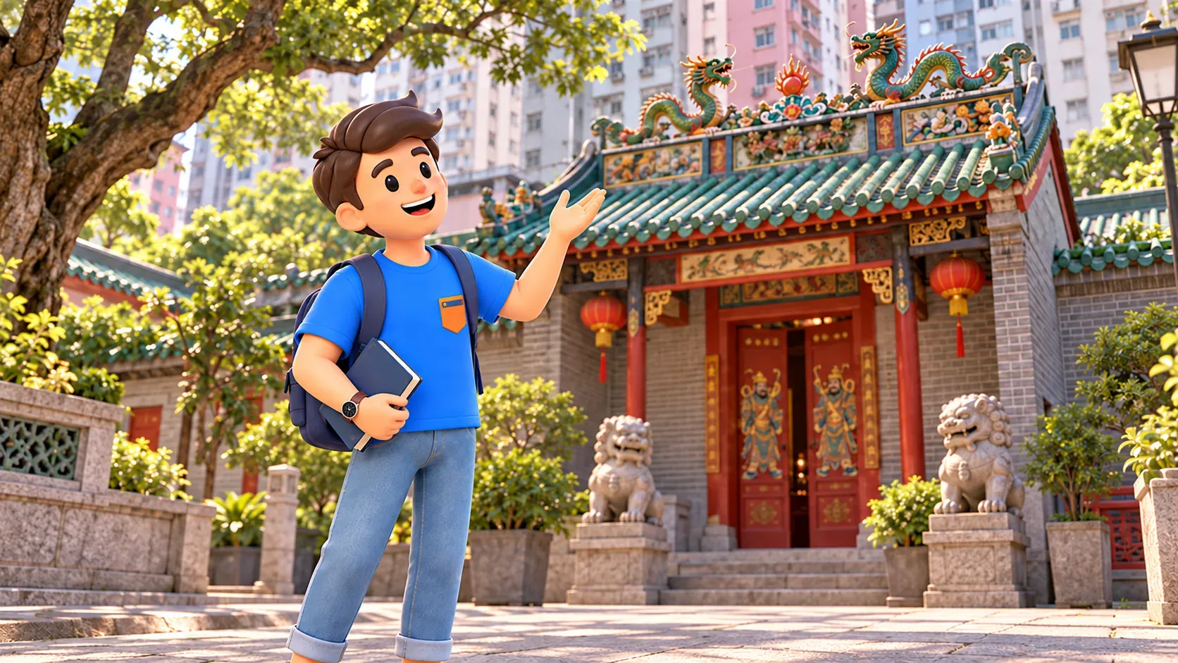 Voyageur avec un guide fermé observant le décor de toiture d’un temple chinois