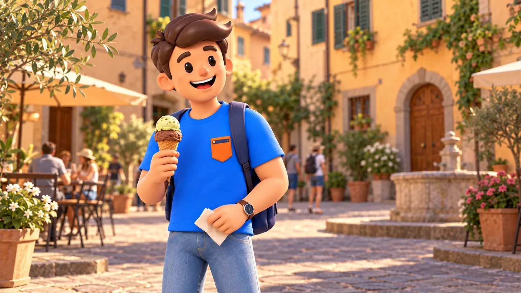 Viajero con helado en una pequeña plaza inspirada en Oltrarno