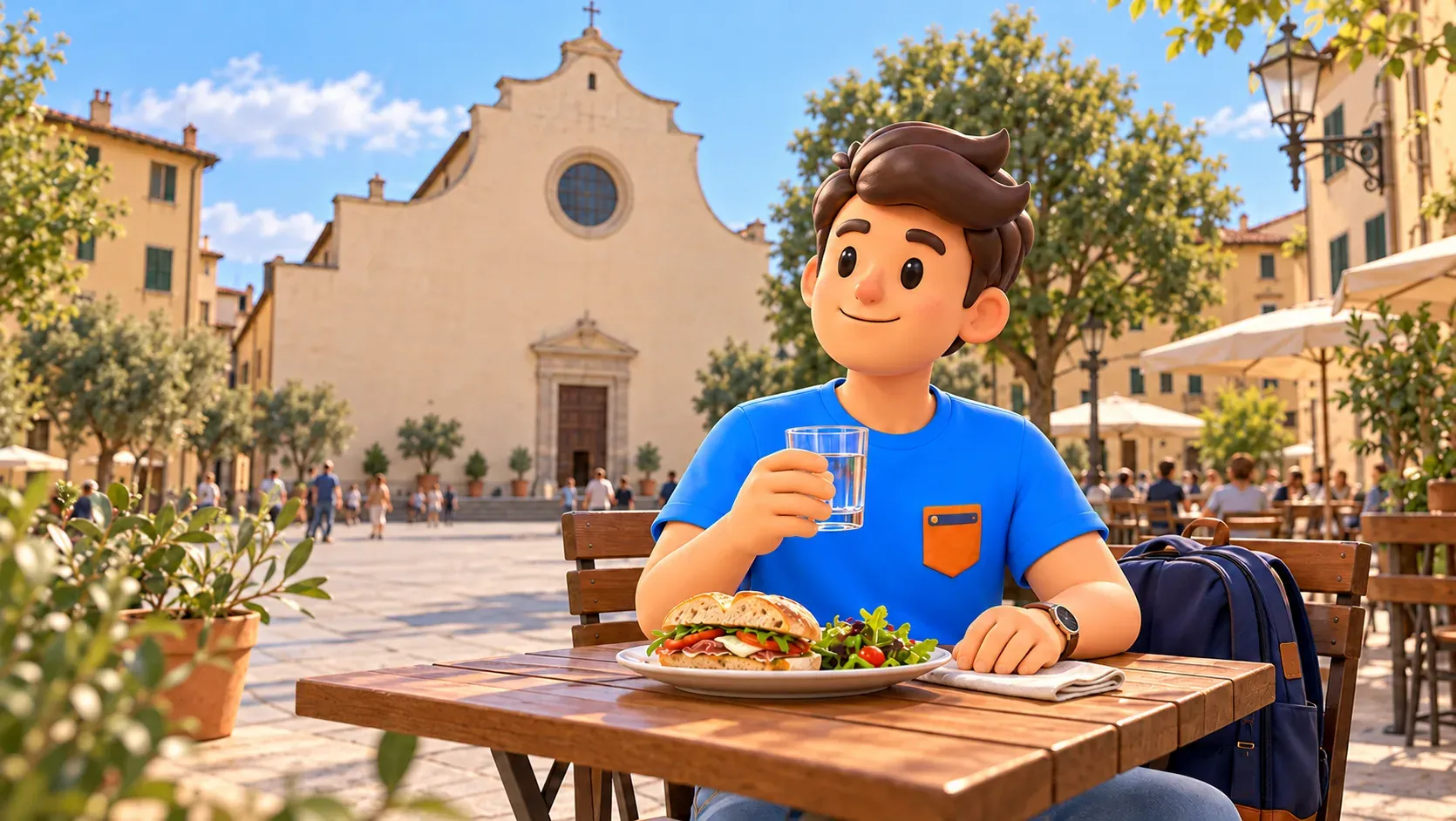 Viajero almorzando en la plaza ante la basílica de Santo Spirito