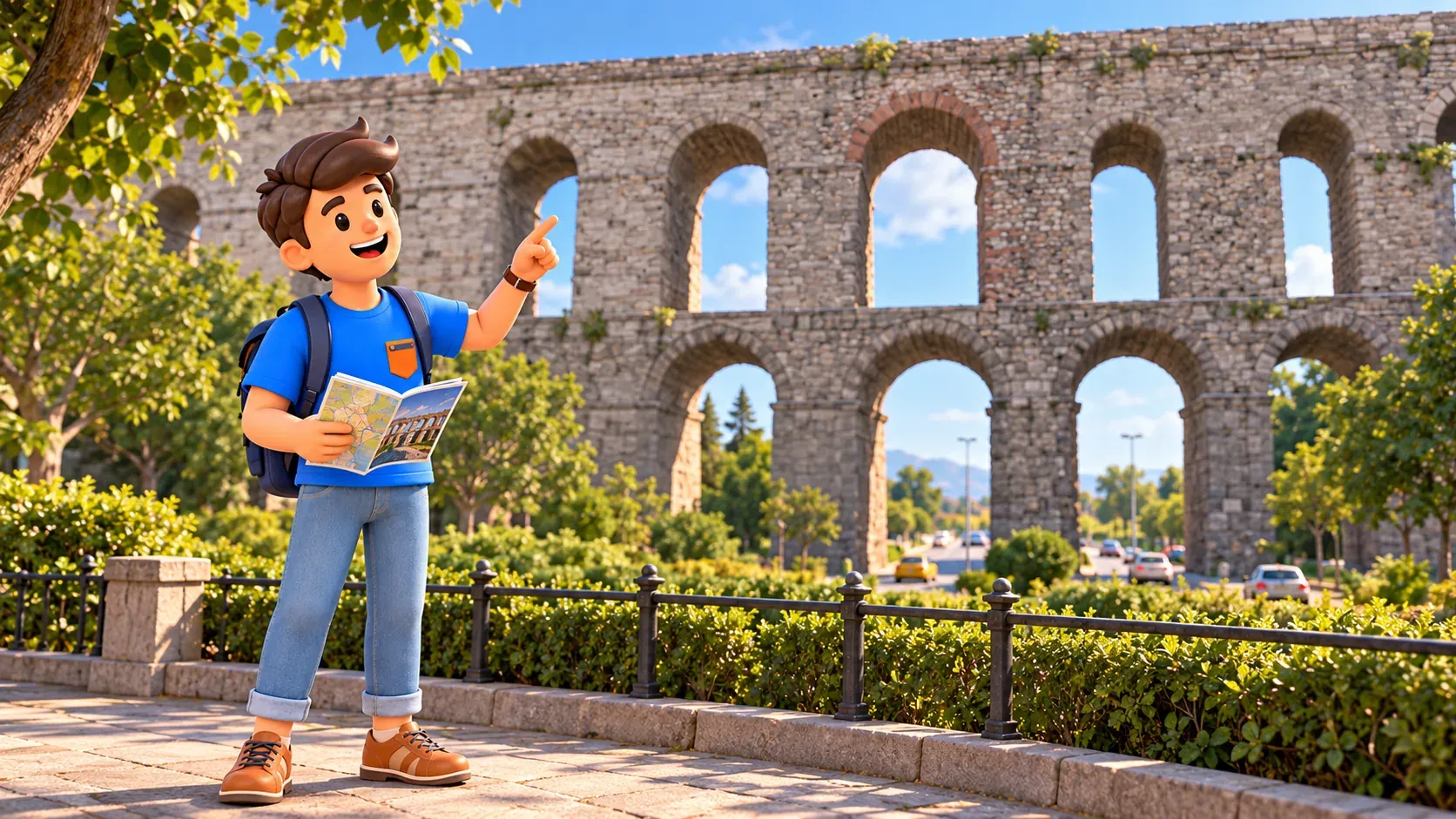 Voyageur observant les deux niveaux d’arches de l’aqueduc de Valens