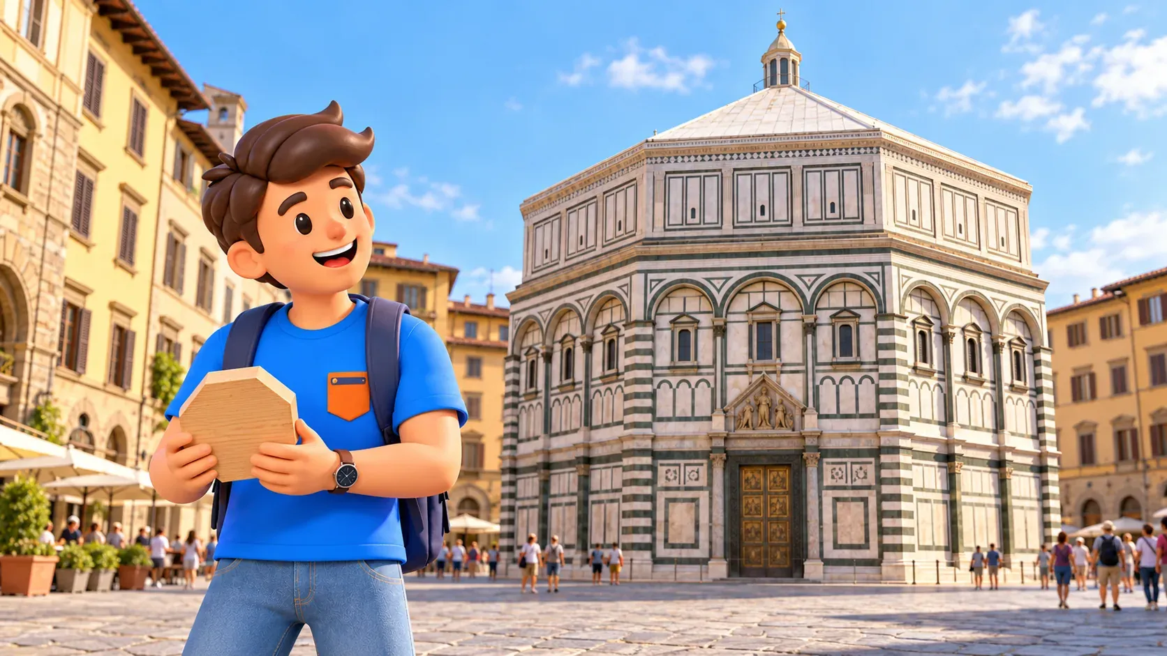 Voyageur avec un octogone en bois devant le baptistère de Florence