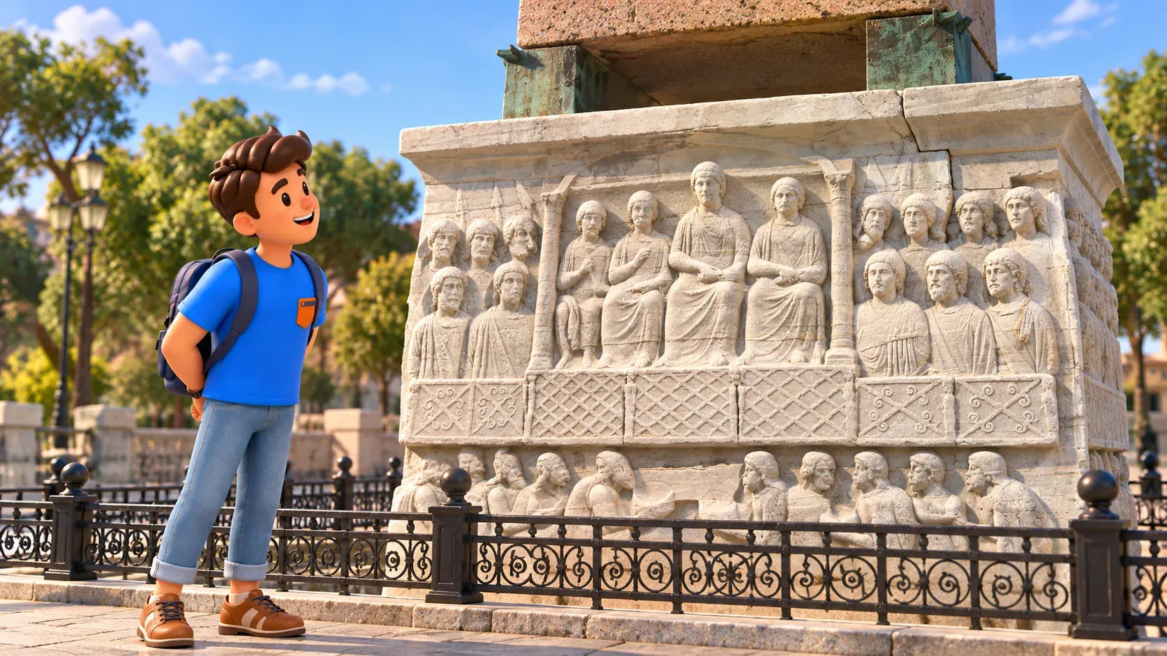 Traveller observing reliefs on the Obelisk of Theodosius pedestal