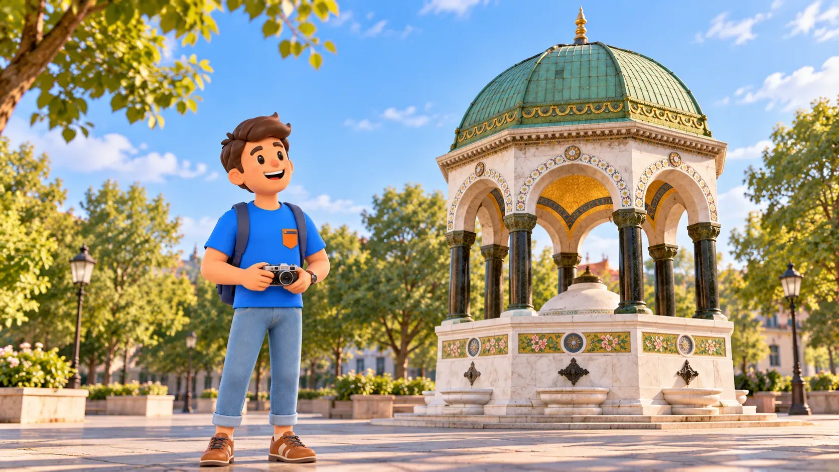 Traveller looking at the German Fountain’s dome and mosaic
