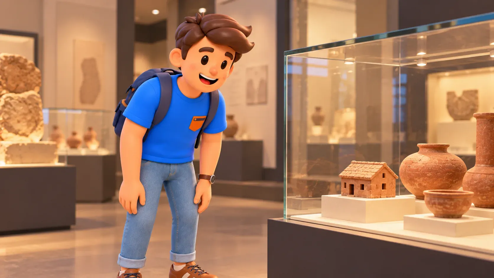 Viajero contempla recipientes de cerámica y una casa en miniatura en una vitrina