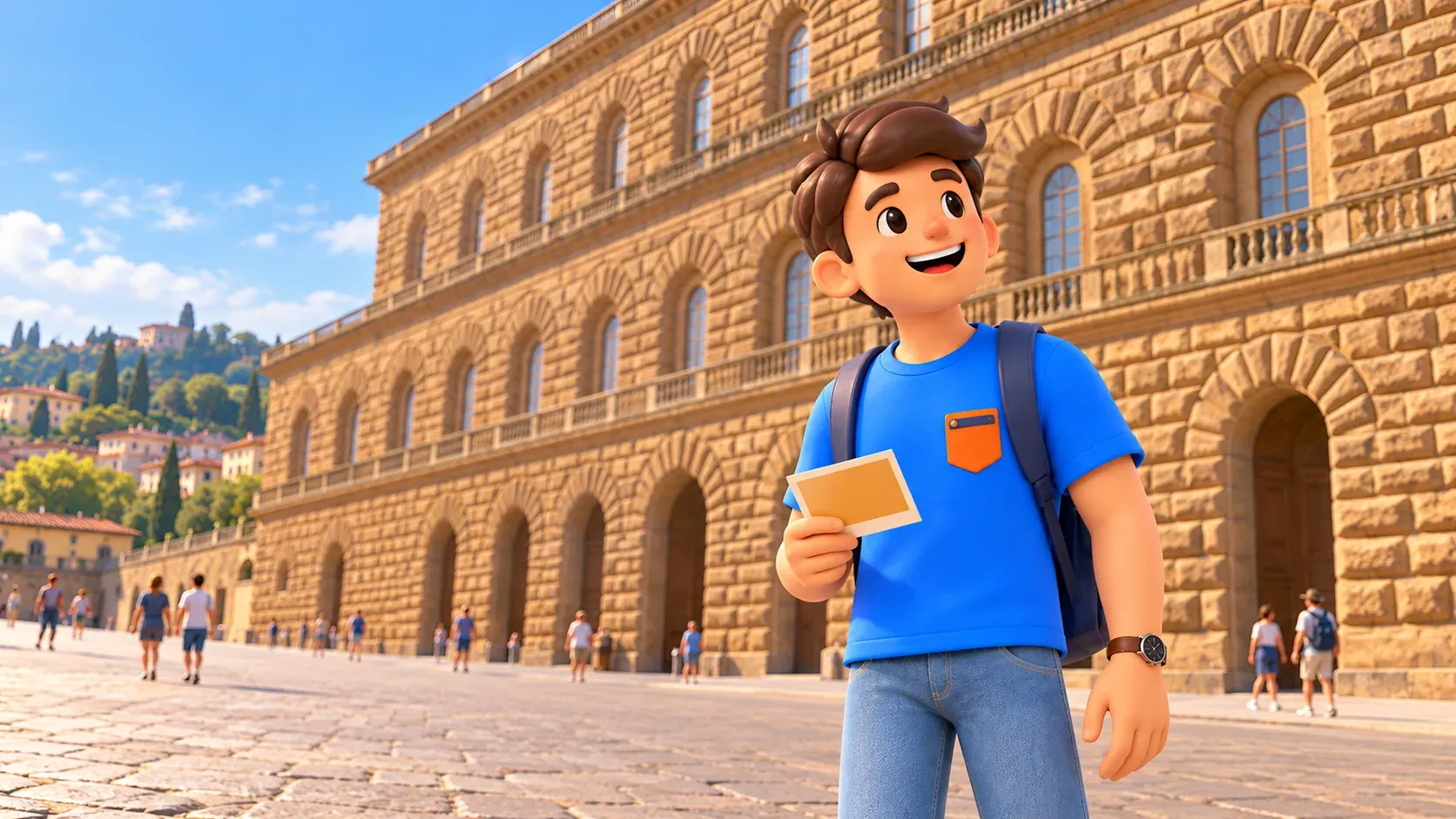 Reisender mit Postkarte betrachtet die Fassade des Palazzo Pitti
