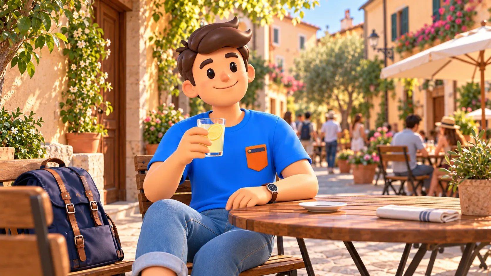 Reisender mit Limonade bei einer Pause an einem Tisch auf einem kleinen Platz