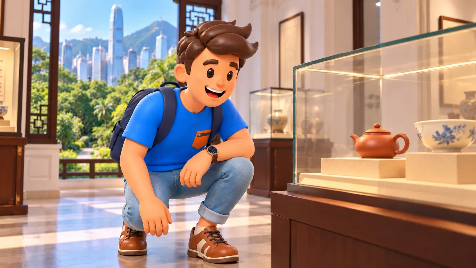 Traveller crouching to observe a teapot and bowl behind museum glass