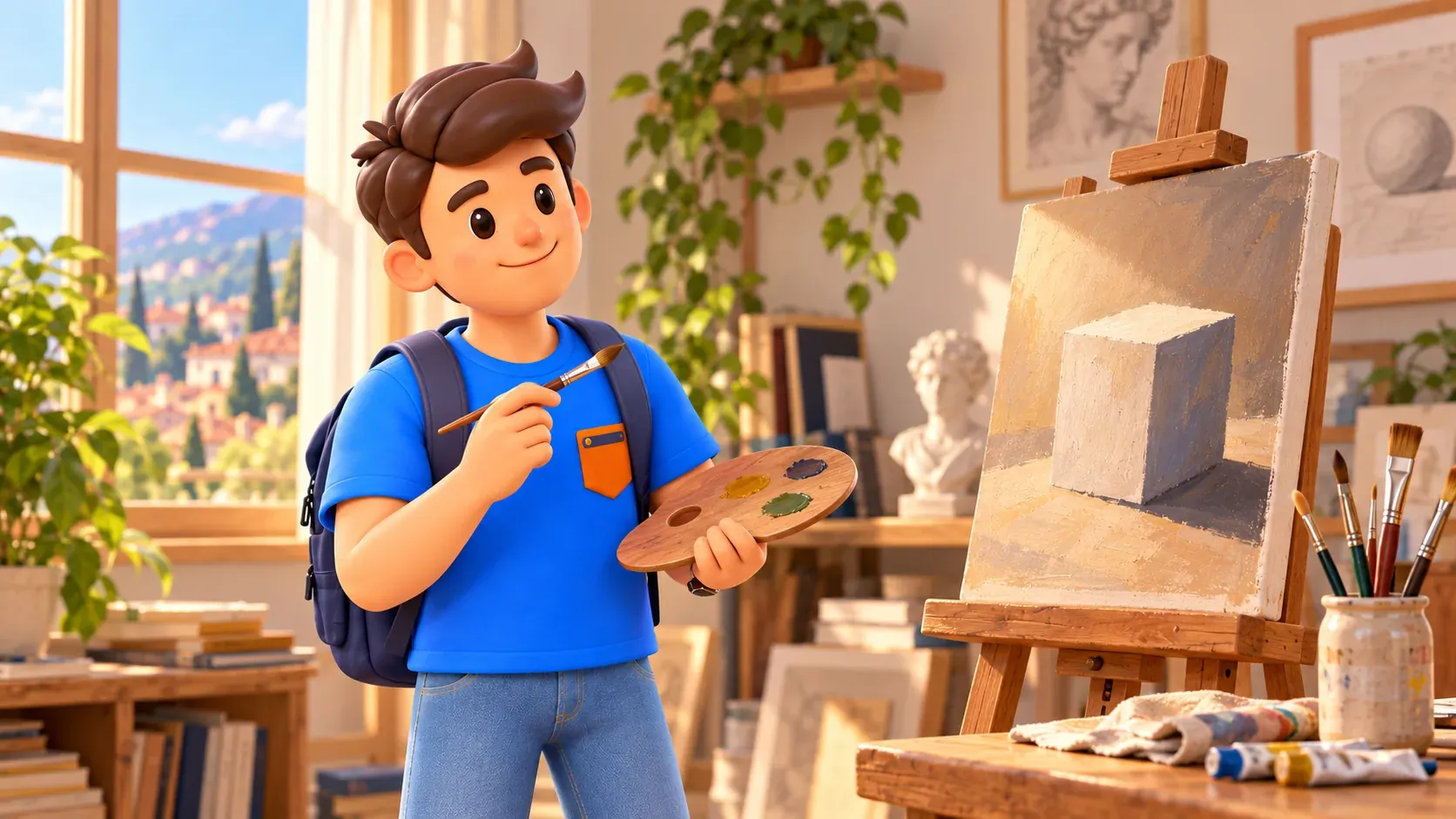 Personaje con pincel y paleta estudiando un cubo y su sombra en una ilustración de aprendizaje artístico