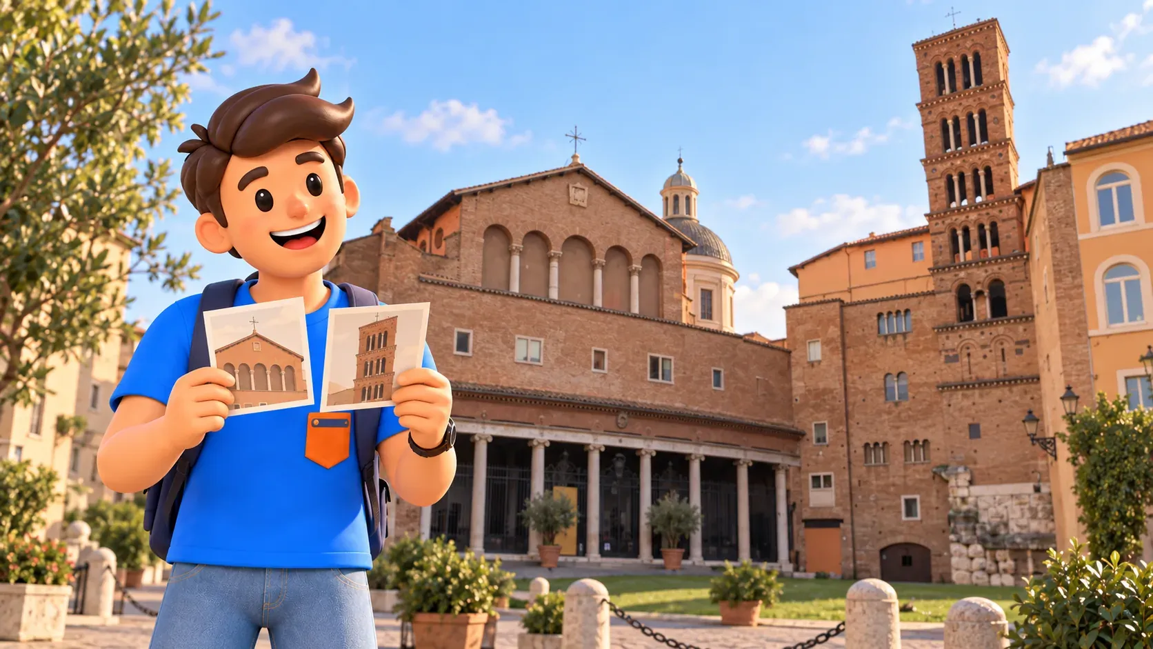 Un viajero compara la fachada y el campanario de Santi Giovanni e Paolo con postales