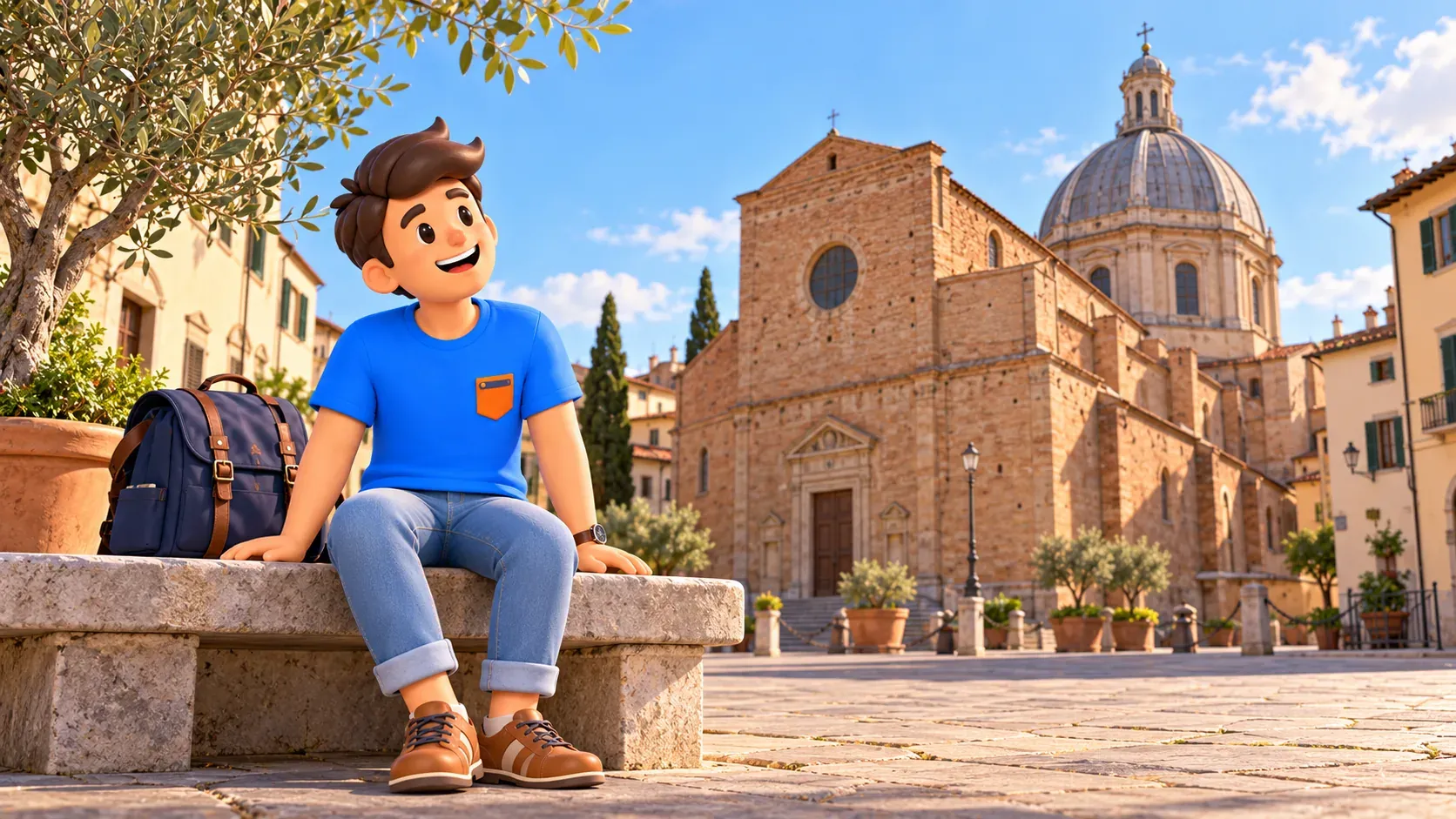 Viajero descansando ante una iglesia con cúpula en la zona de Cestello