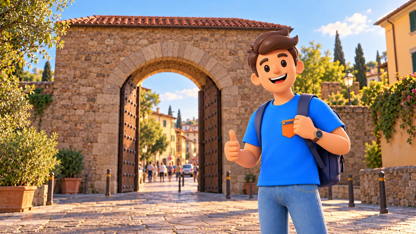 Viajero junto a una antigua puerta urbana con grandes hojas de madera