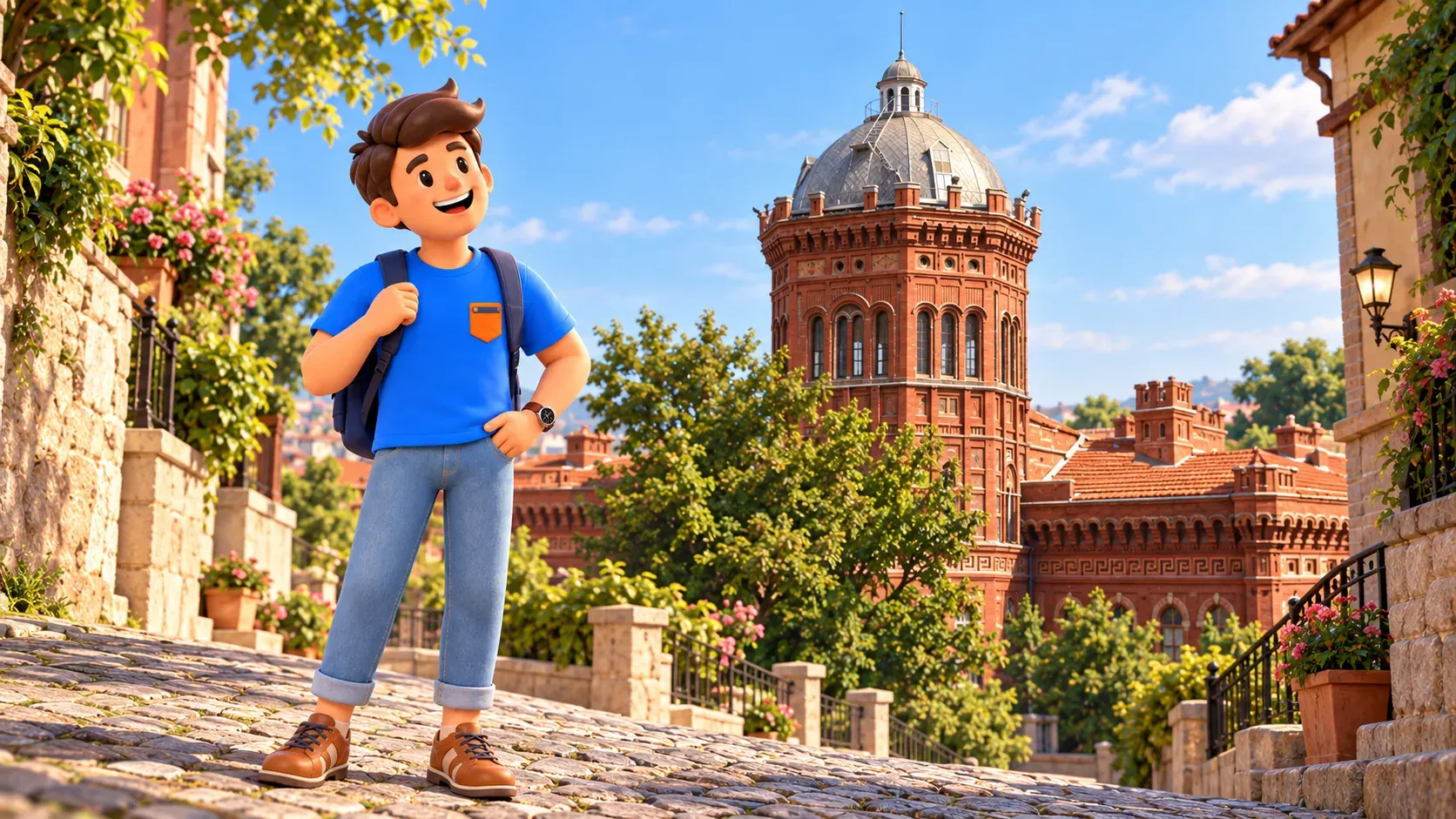 Reisender vor dem roten Turm der griechischen Schule