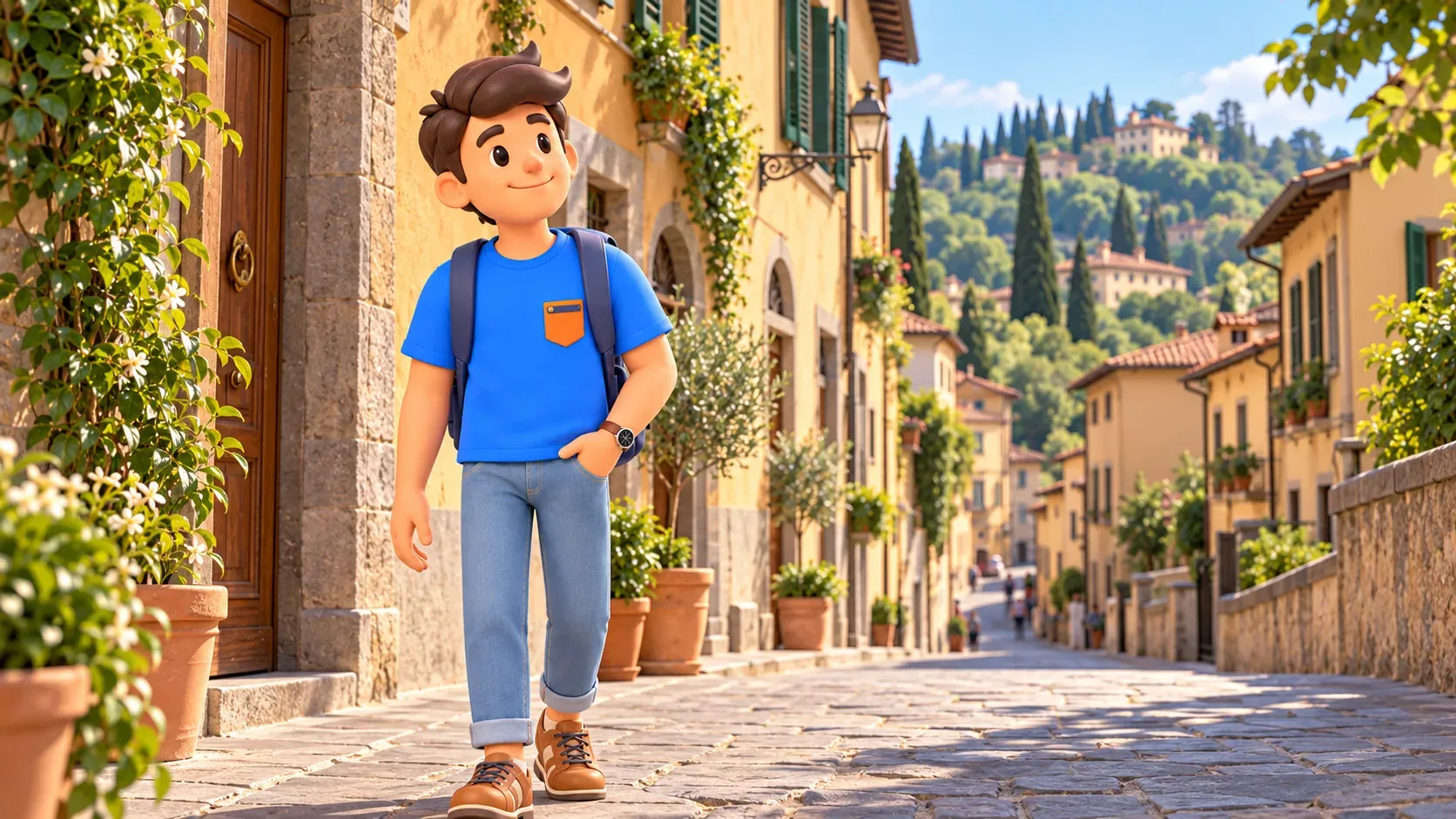 Voyageur dans une petite rue ouvrant le regard vers les collines