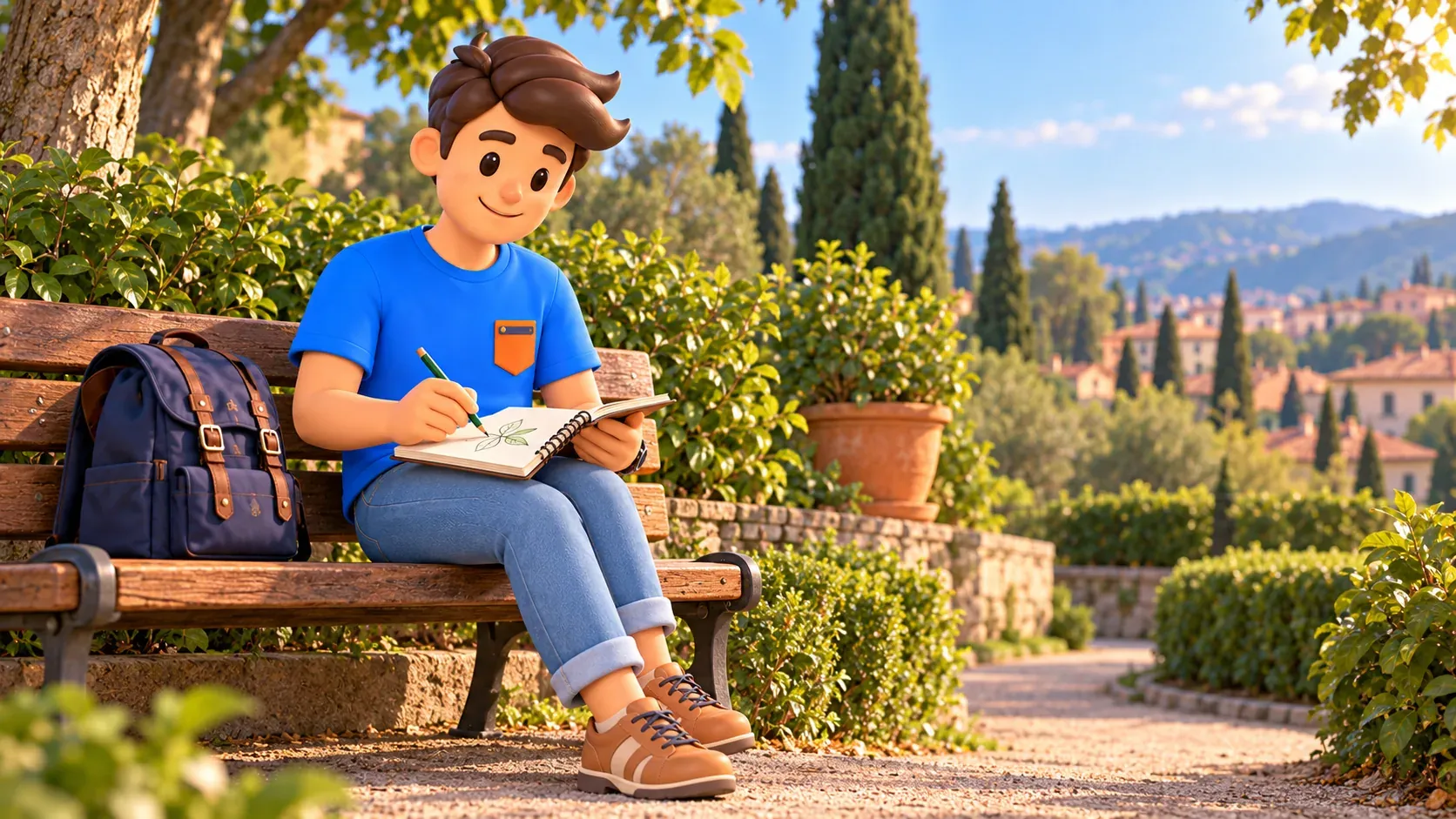 Voyageur dessinant une feuille pendant une pause dans un jardin verdoyant