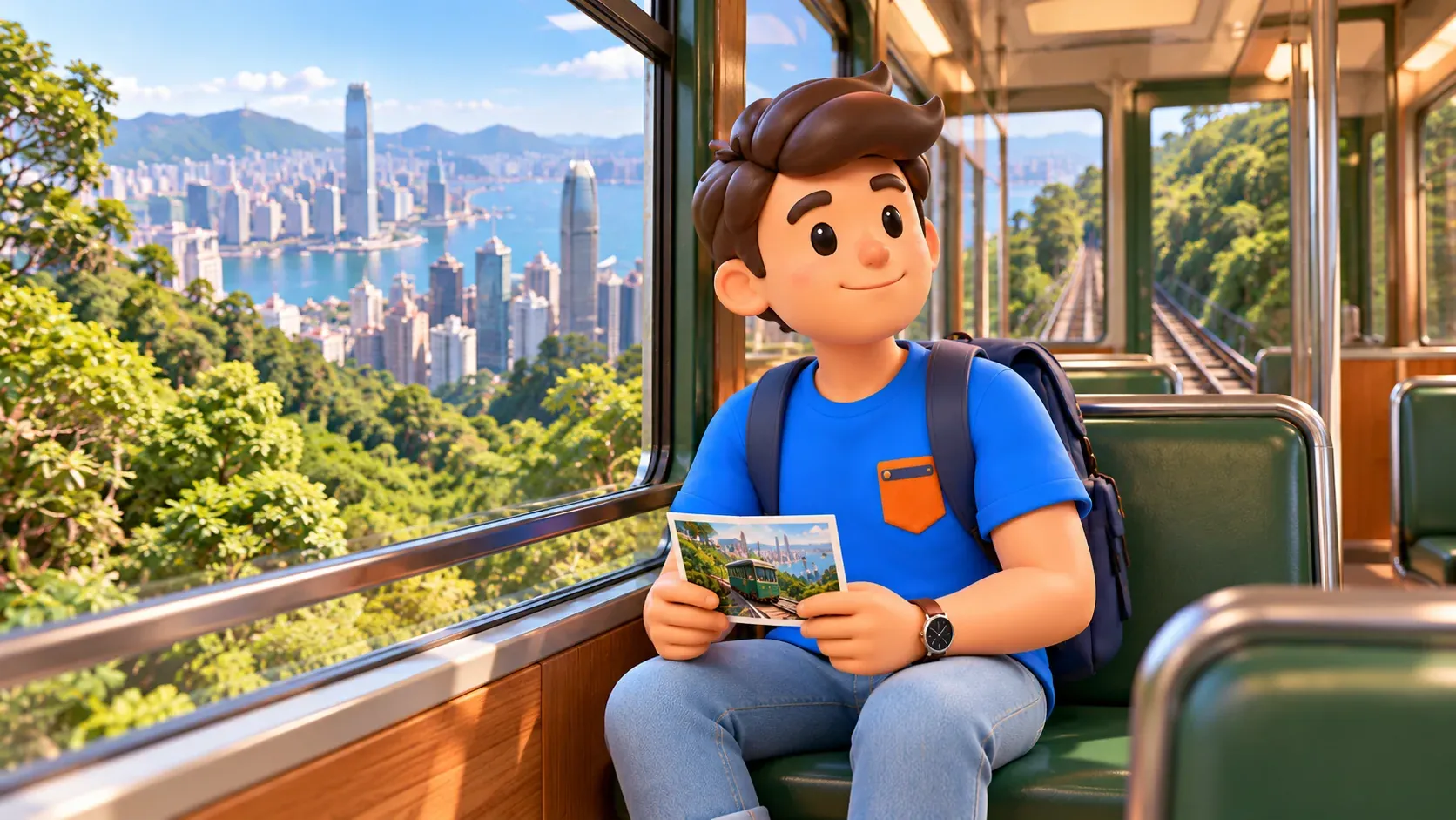 Personnage avec une carte postale dans une voiture de funiculaire