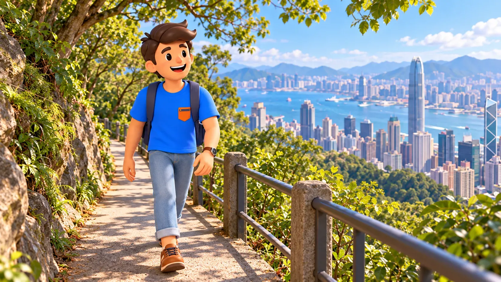 Personnage sur un chemin à flanc de colline avec une rambarde au-dessus du port