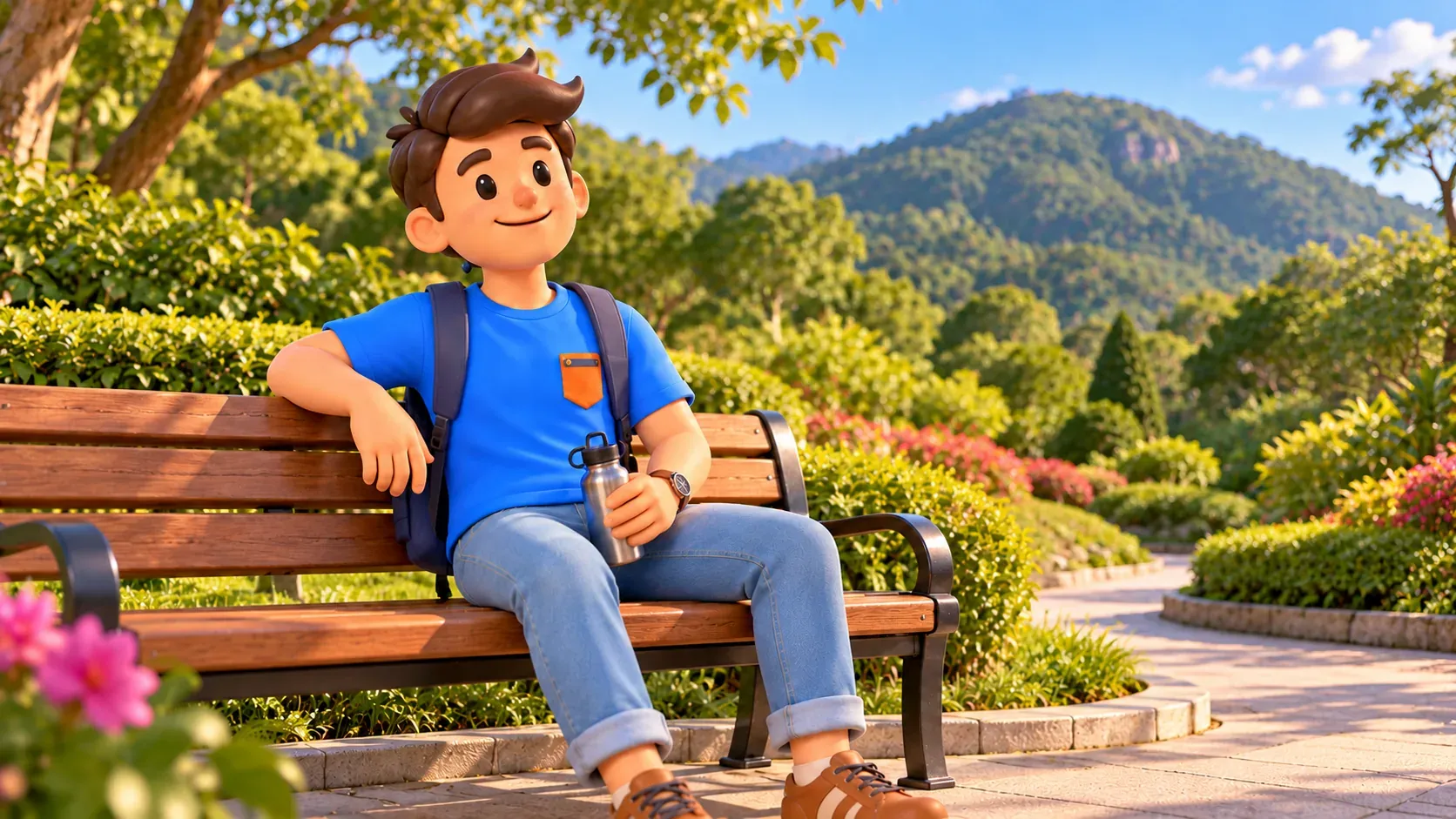 Personnage se reposant avec une gourde sur un banc dans un jardin
