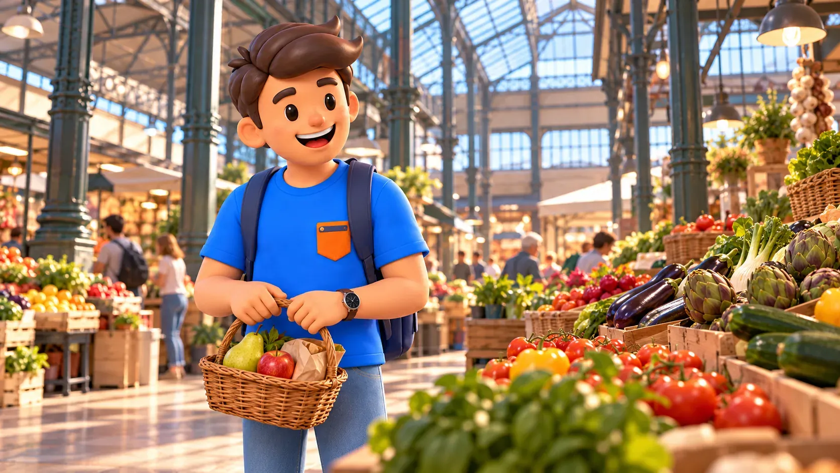 Traveler with a fruit basket under a covered market’s iron and glass structure